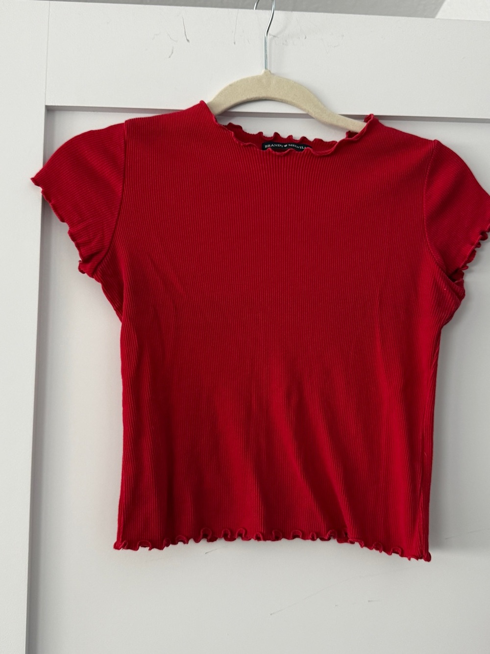 Brandy Melville Red Ribbed Lettuce-Edge Tee